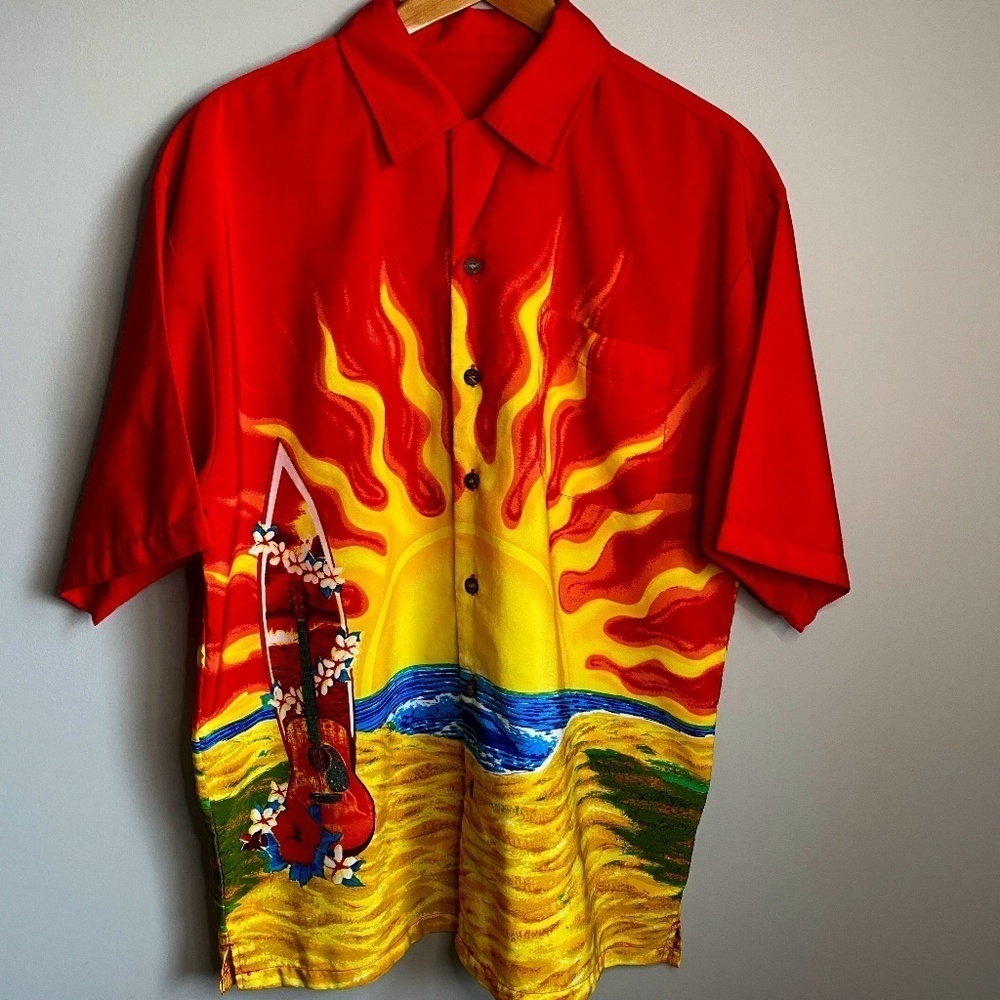 Men's Bright Red Hawaiian‎ Sun Sand Surf Button Up Shirt